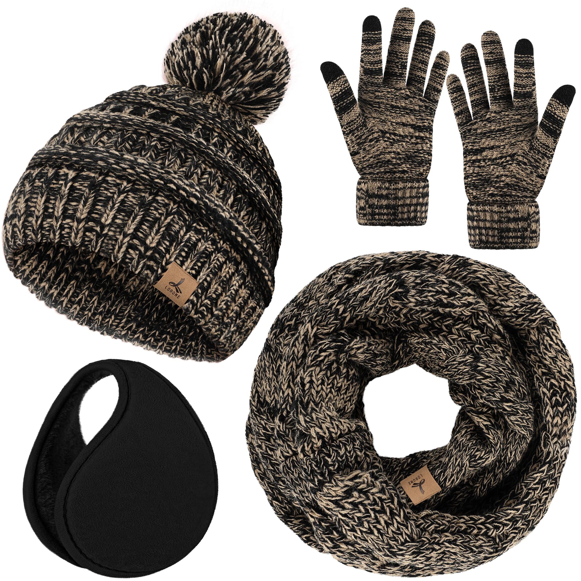 Winter Hat Scarf Gloves and Ear Warmer, Warm Knit Beanie Hat Touch Screen Gloves Set Winter Gifts Neck Scarves for Women